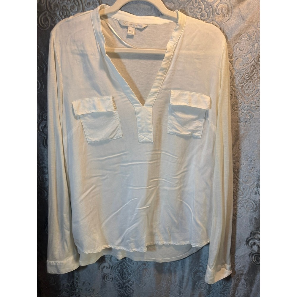 LC Lauren Conrad Womens White V-Neck Long Sleeve Blouse with Chest Pockets L